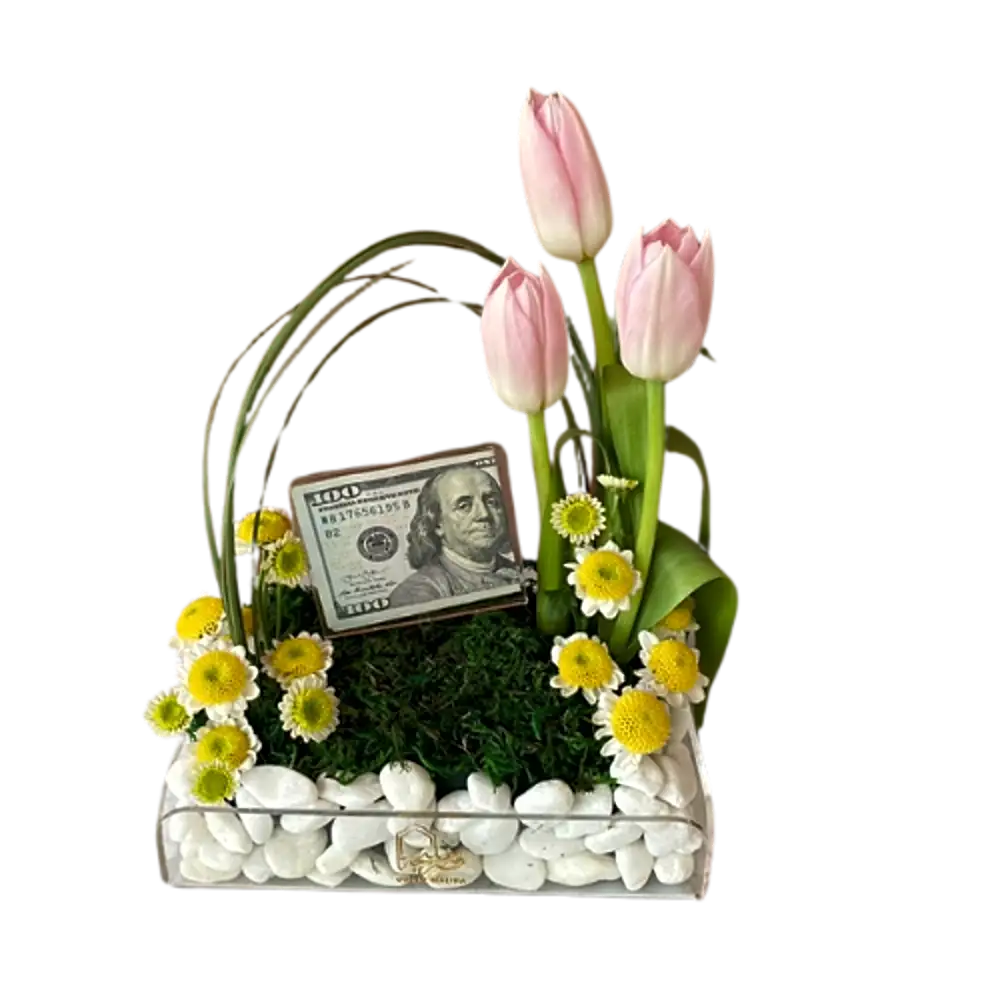 A box decorated with stones and special flowers for special occasions