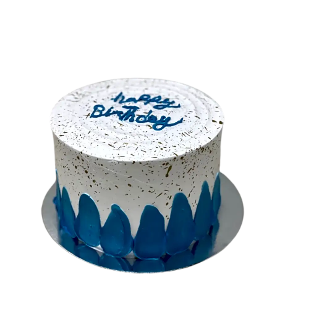 Birthday cake with white cream and blue decoration