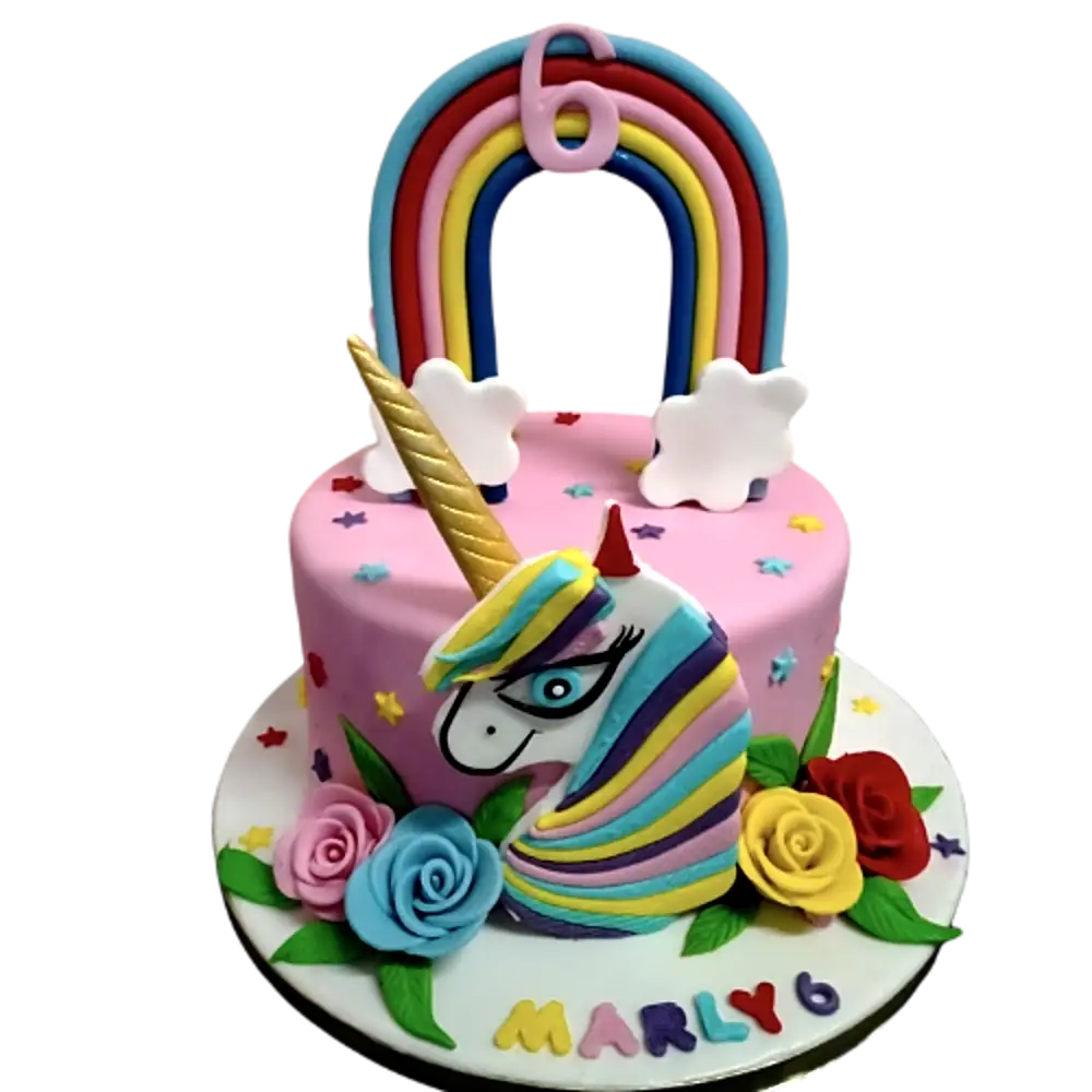 Unicorn cake with colorful roses