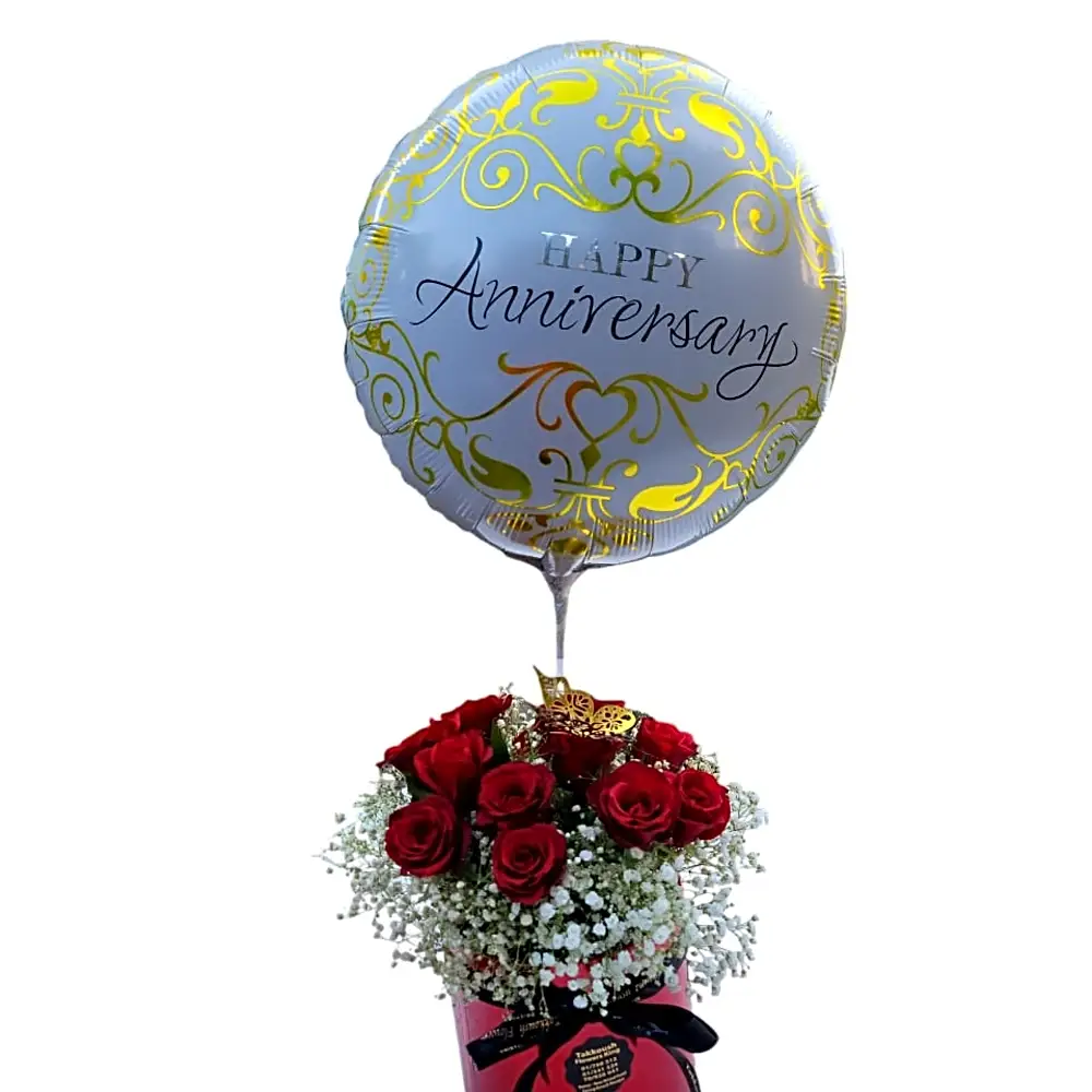 20 red roses in box with balloon