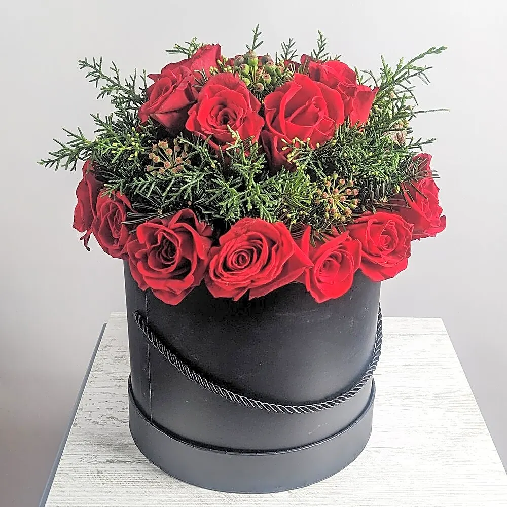 Maroon roses with coniferous branches in a black box