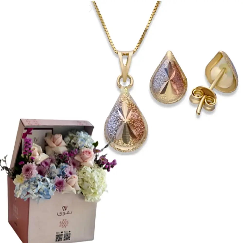 18K Gold Tri-Color Pear Shape Pendant Set (Necklace and Earrings) - FKJNKLST18KU2015