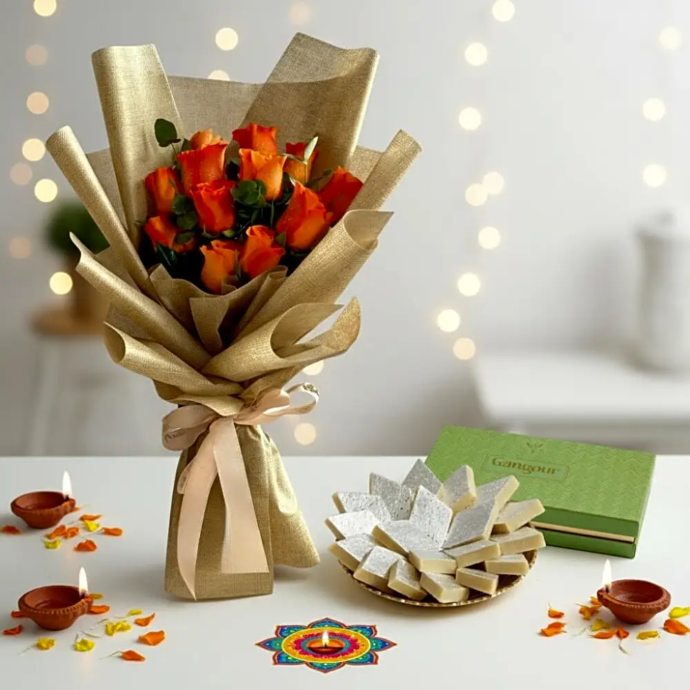 12 Orange Roses and Gangour Kaju Katli Barfi | Diwali Special