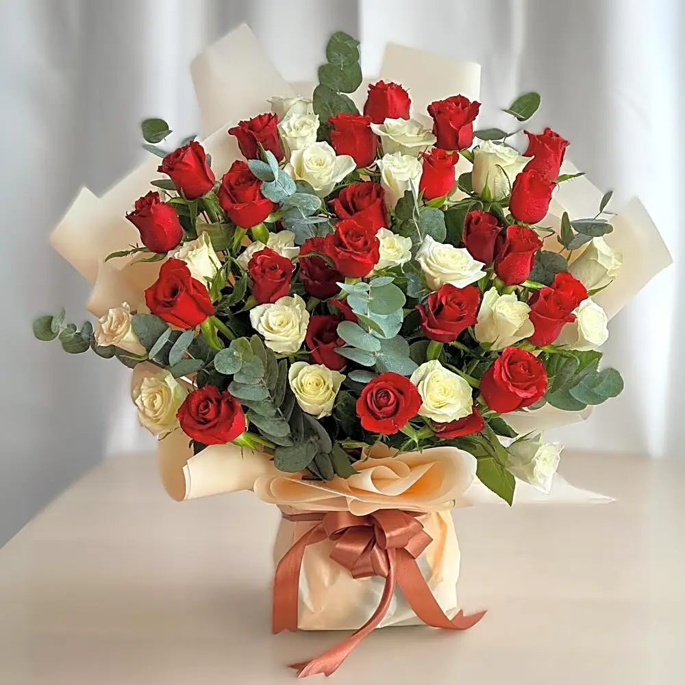 white and red rose boque