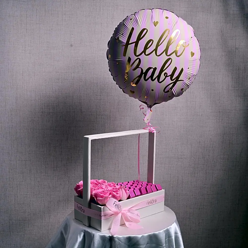 Pink Rose and Chocolate Leather Basket with Hello Baby foil balloon 6186