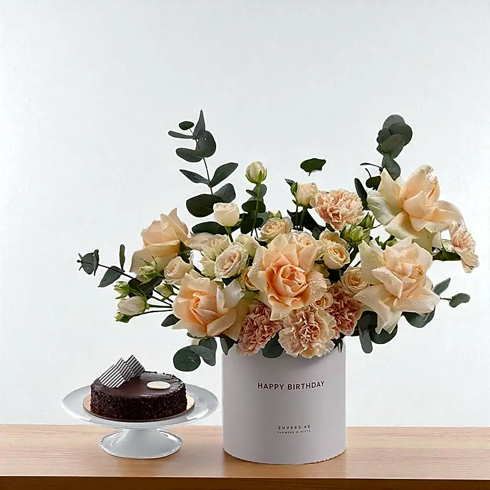 Peach Blossom Birthday Bloom Box Cake Combo