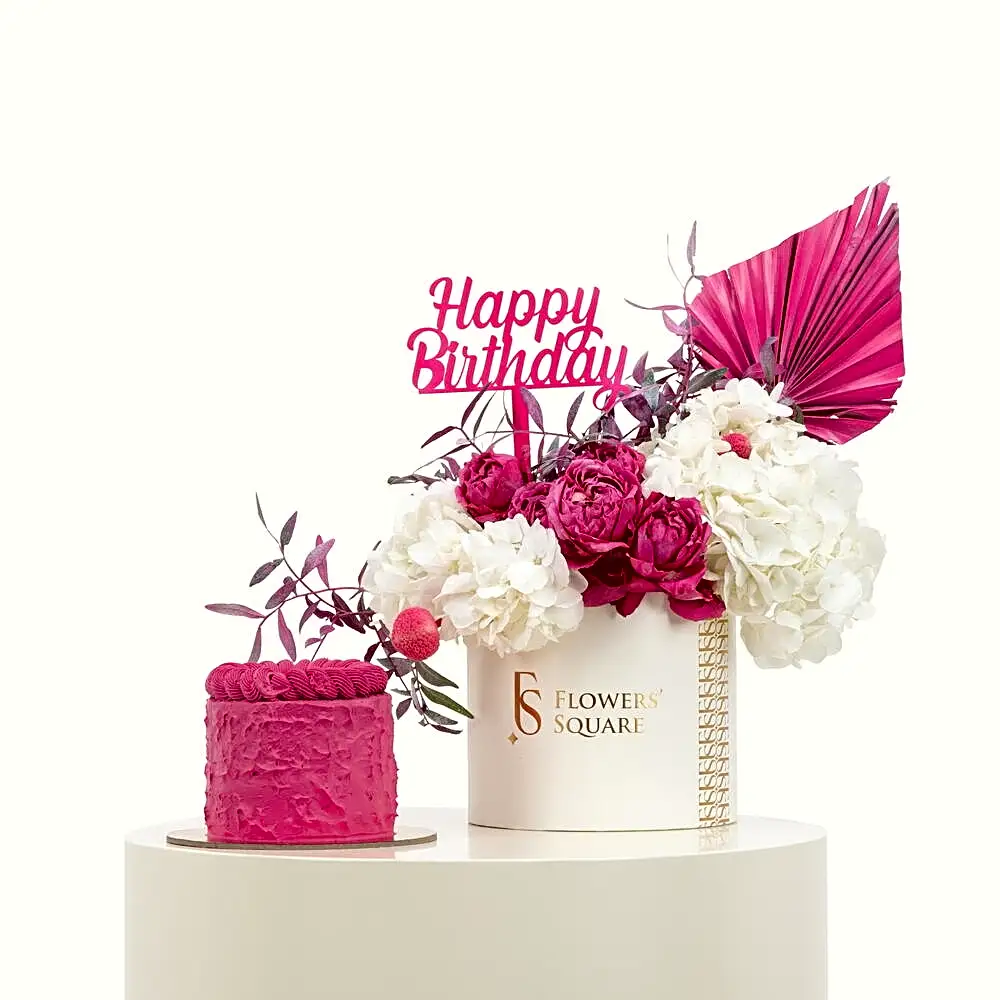 Happy Birthday Fuchsia Flower Cake