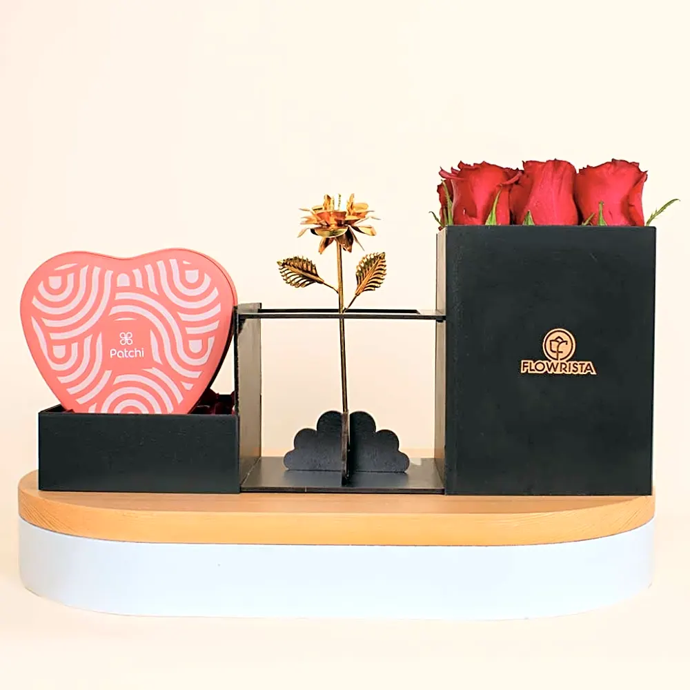 Patchi Tin Box of 22 Pieces and 9 red roses