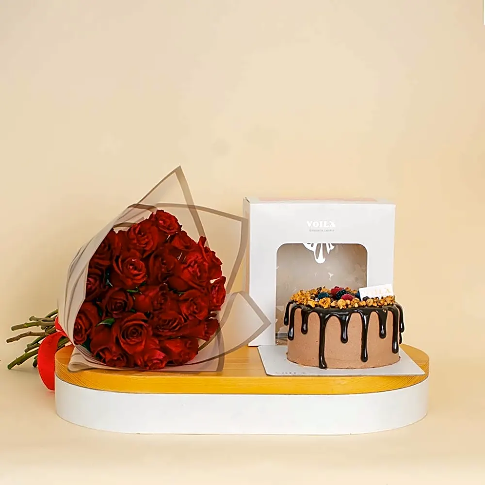 Voila Chocolate Cake & Red Roses Bouquet