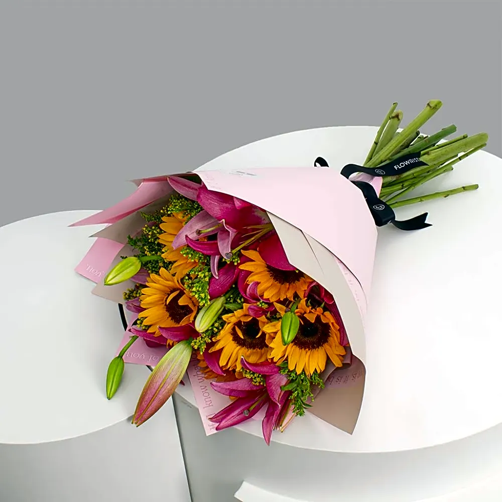 Sunflower & Lily Hand Bouquet - Bright & Cheerful Gift