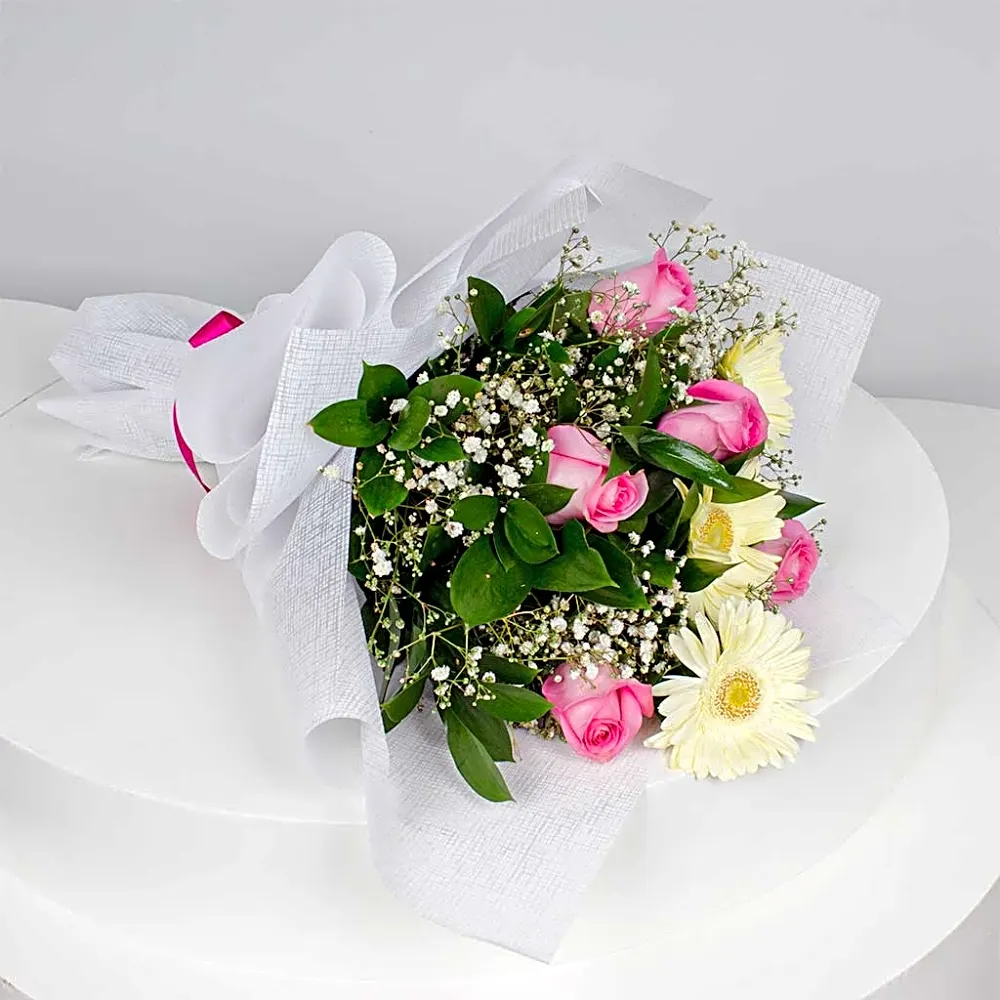 Whisper of Purity — White & Pink Roses Hand Bouquet