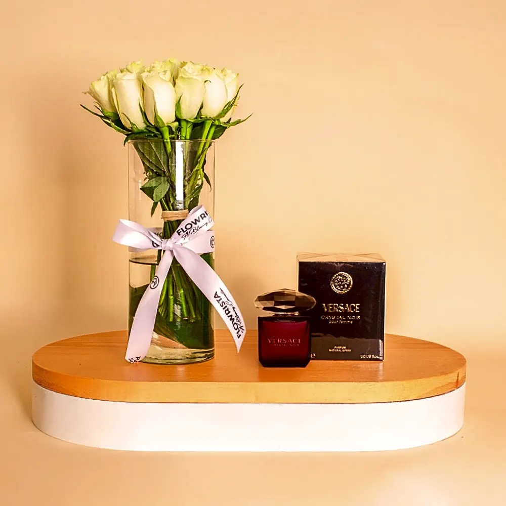 Versace Crystal Noir with White Roses Vase 15 Roses