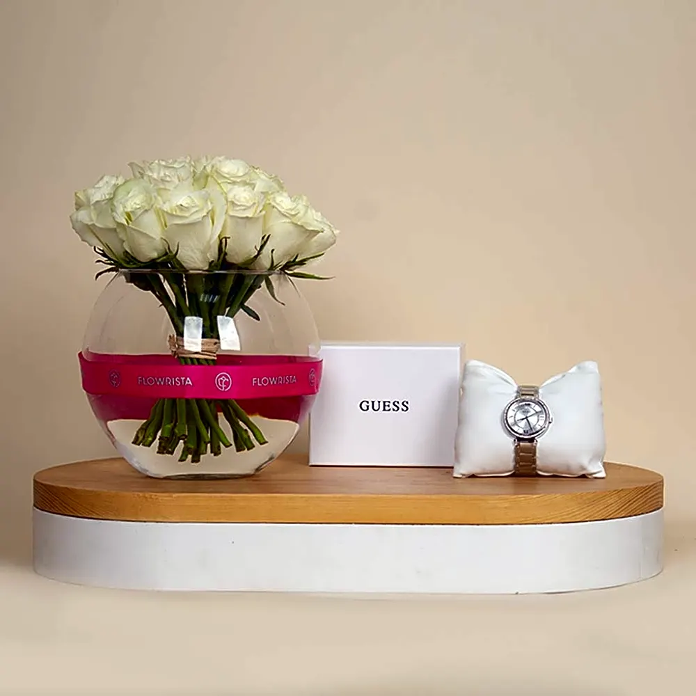 Guess Montage Watch GW0588L2 & 20 White Roses