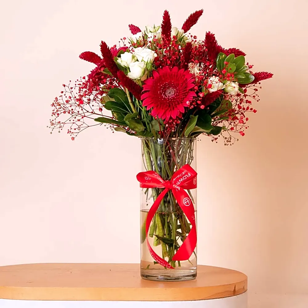 Red Gerbera & White Baby Roses Vase