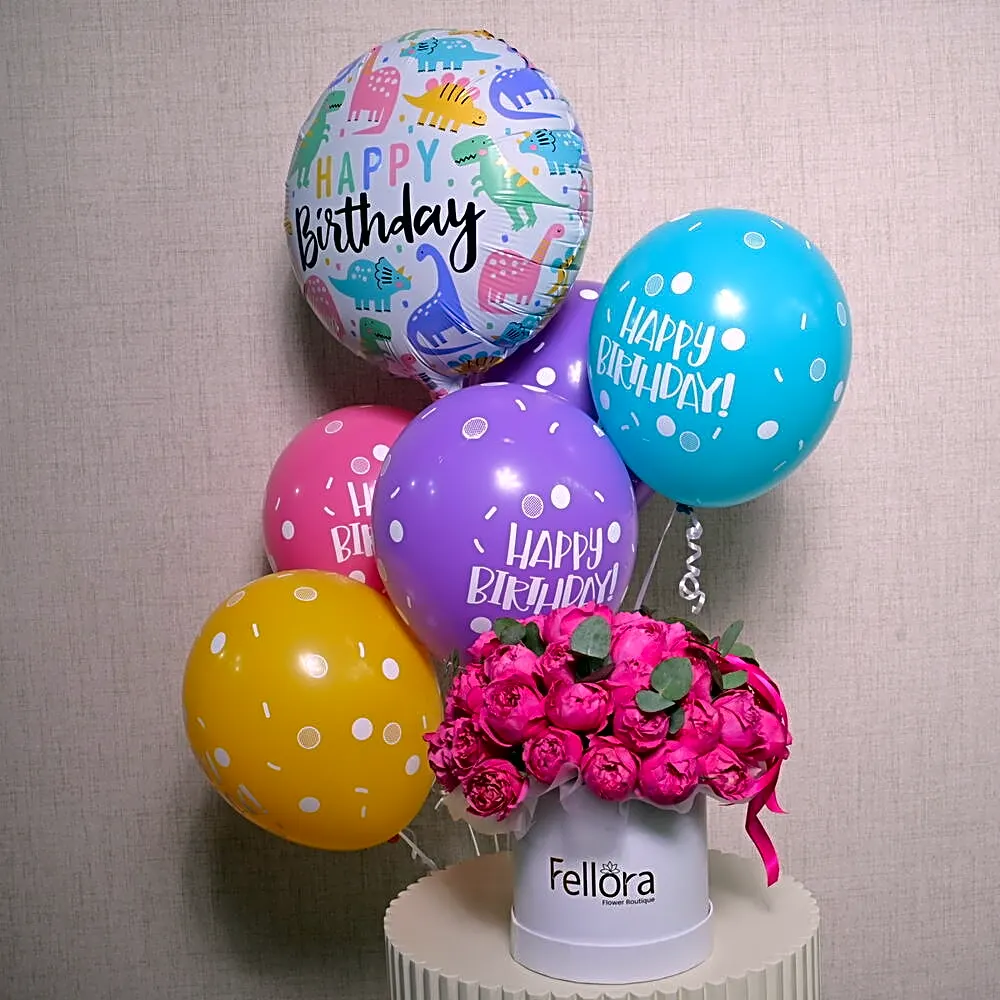 6 Birthday Dots Sprinkles Latex Balloons, 1 Birthday Foil Balloon, and 1 Pink Peony Roses Flower Box-5732