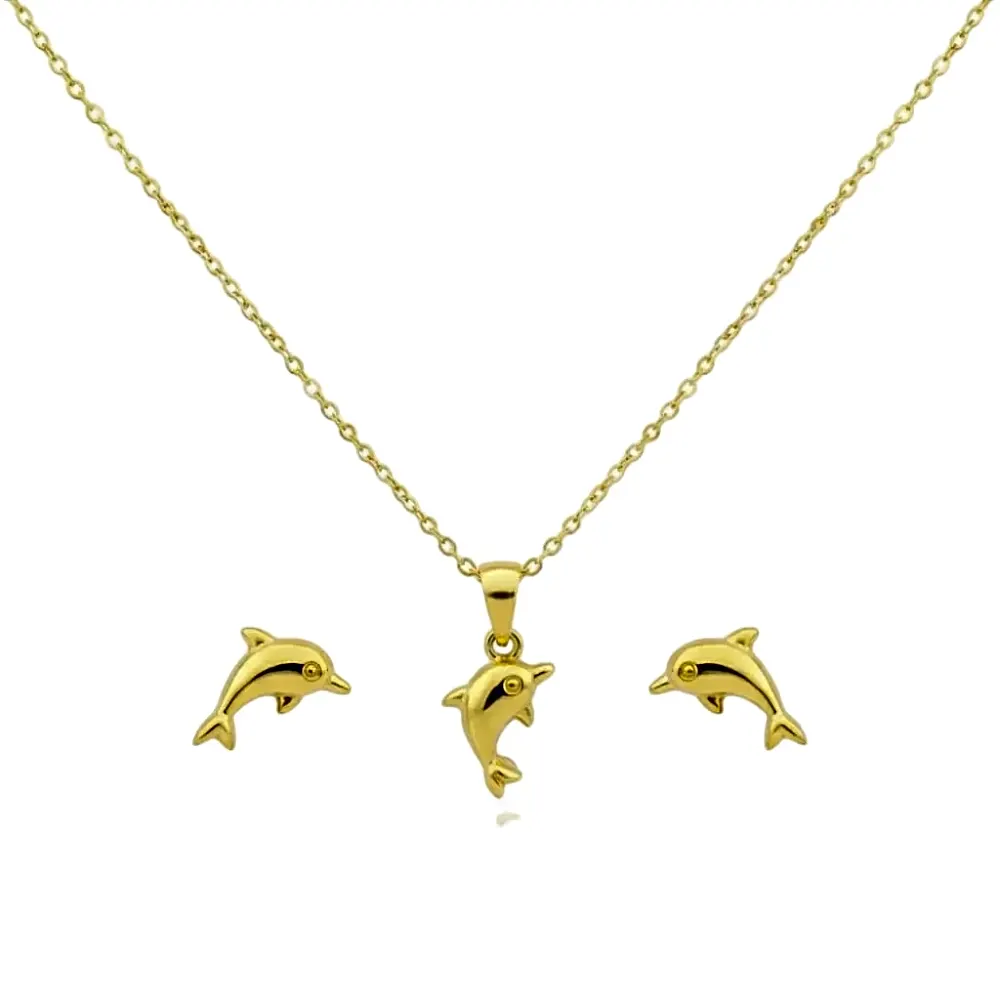 18K Real Gold Dolphine Necklace And Earring Set