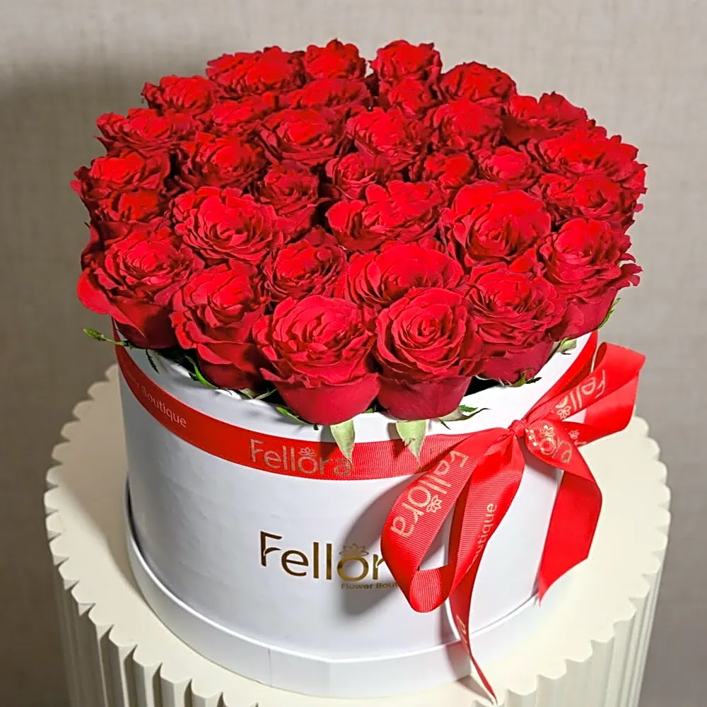 35 Premium Red Roses in a White Round Box- 1704