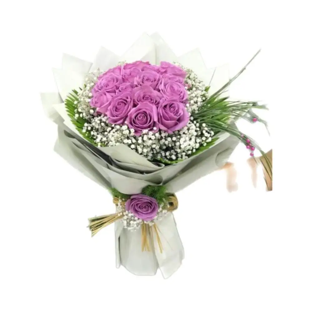 Purple roses bouquet with gypsophila and green leaves N