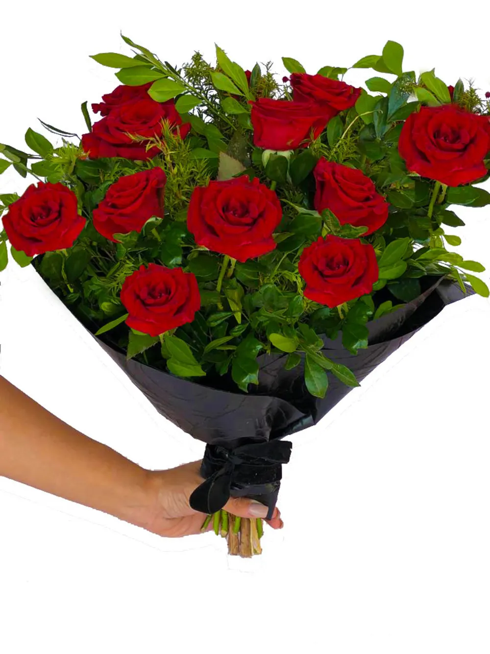 Red roses bouquet with a black roll
