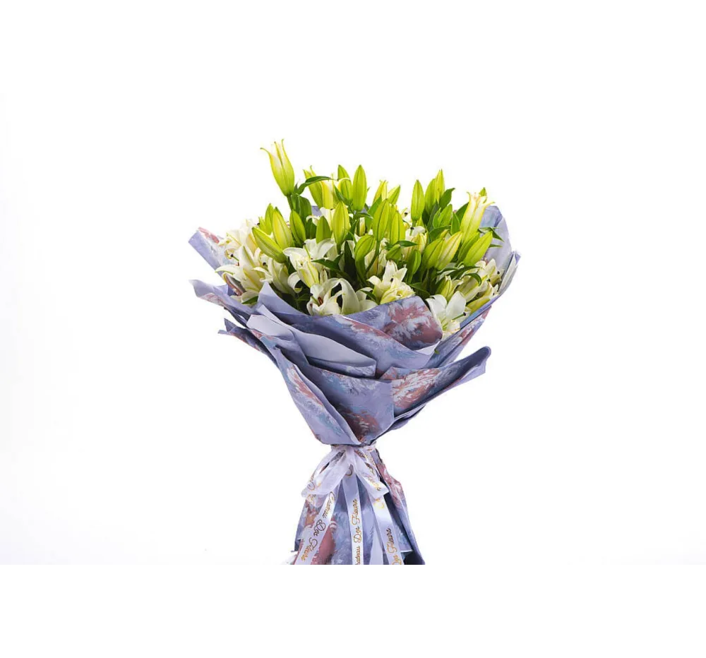 Hand bouquet of white lilies.