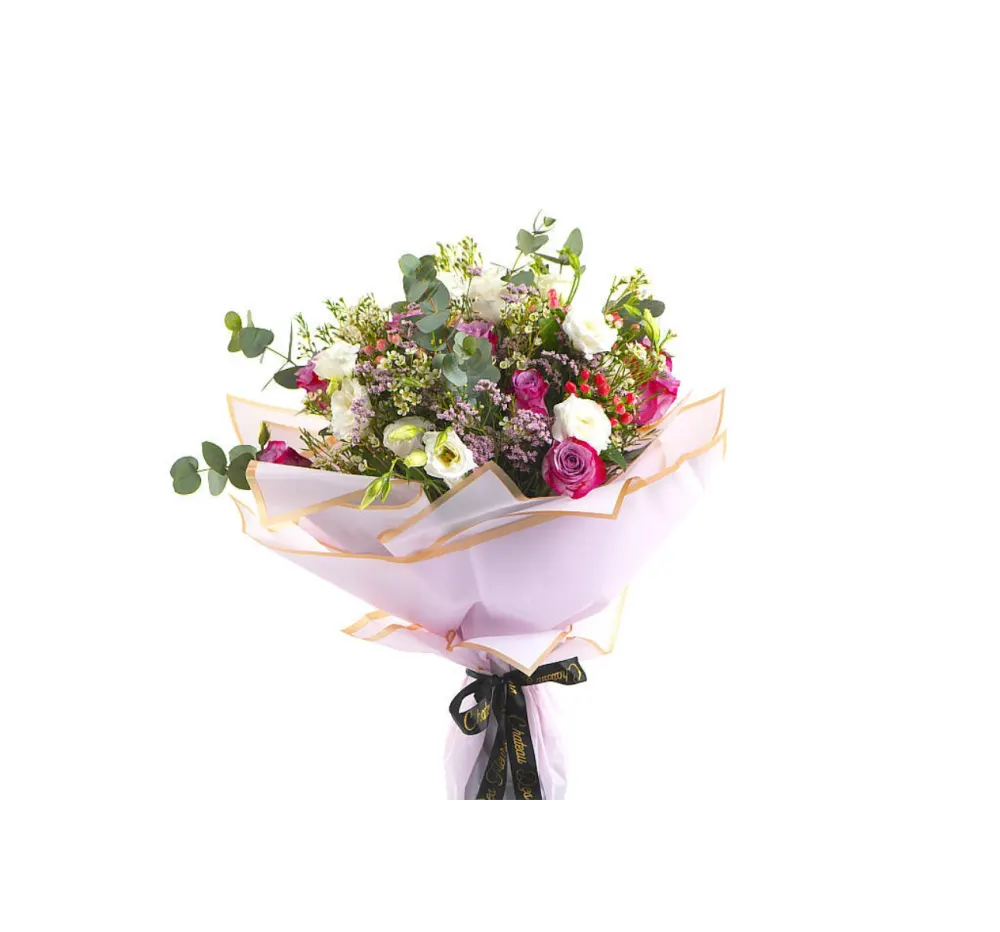 Wrap pink paper with black ribbon.