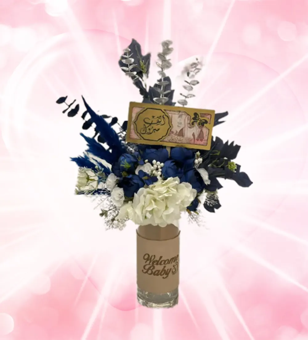 A vase of luxurious artificial roses with an envelope for money