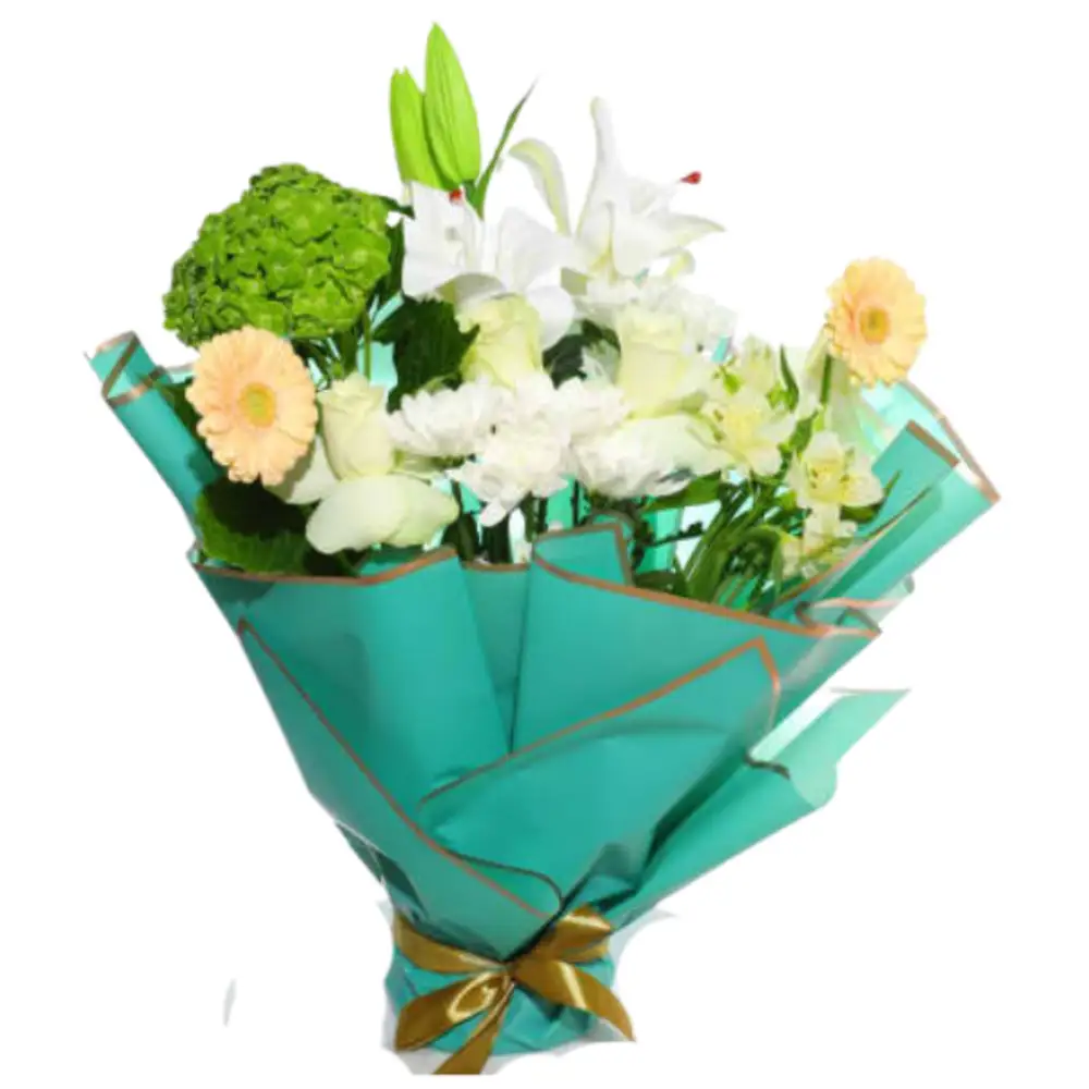 A bouquet of white and blue roses..