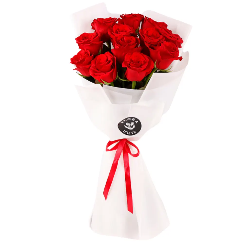 A bouquet of red roses with a red ribbon