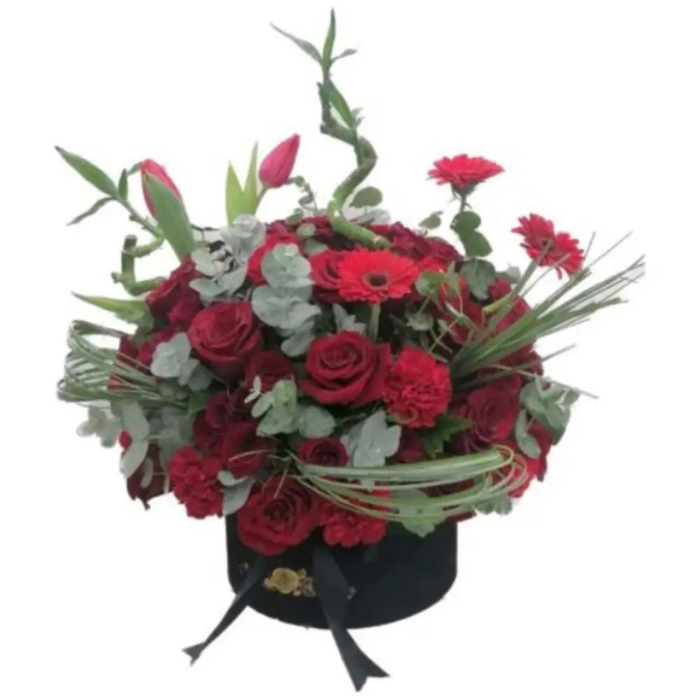 Red roses box with mix flowers and leaves N