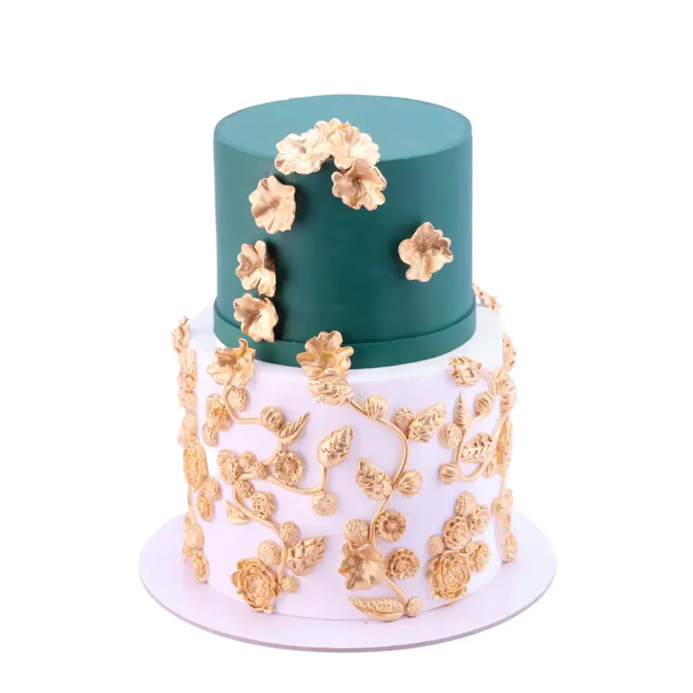 Green & Gold Flowers Wedding Cake