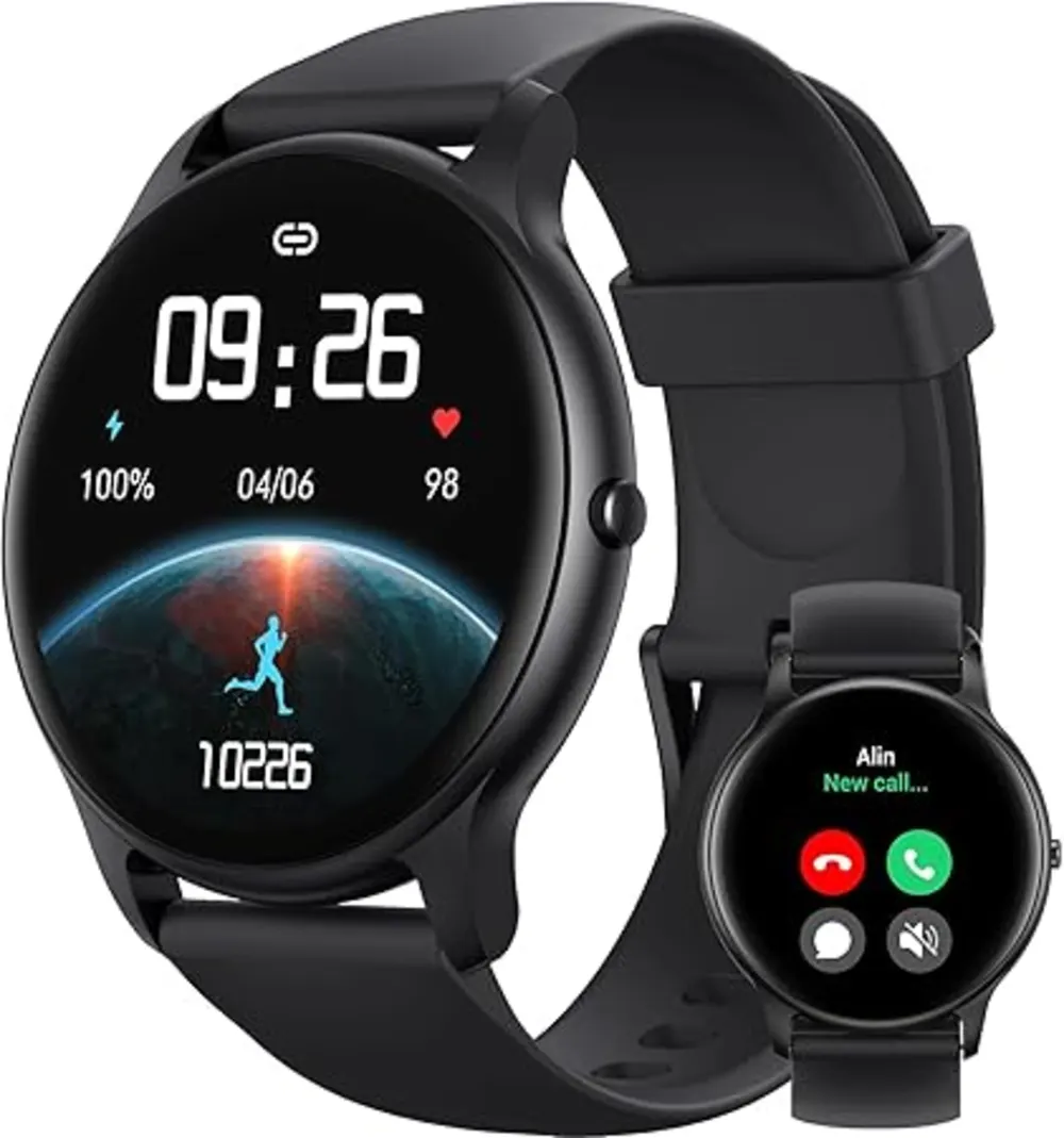The smart watch is round, black in color