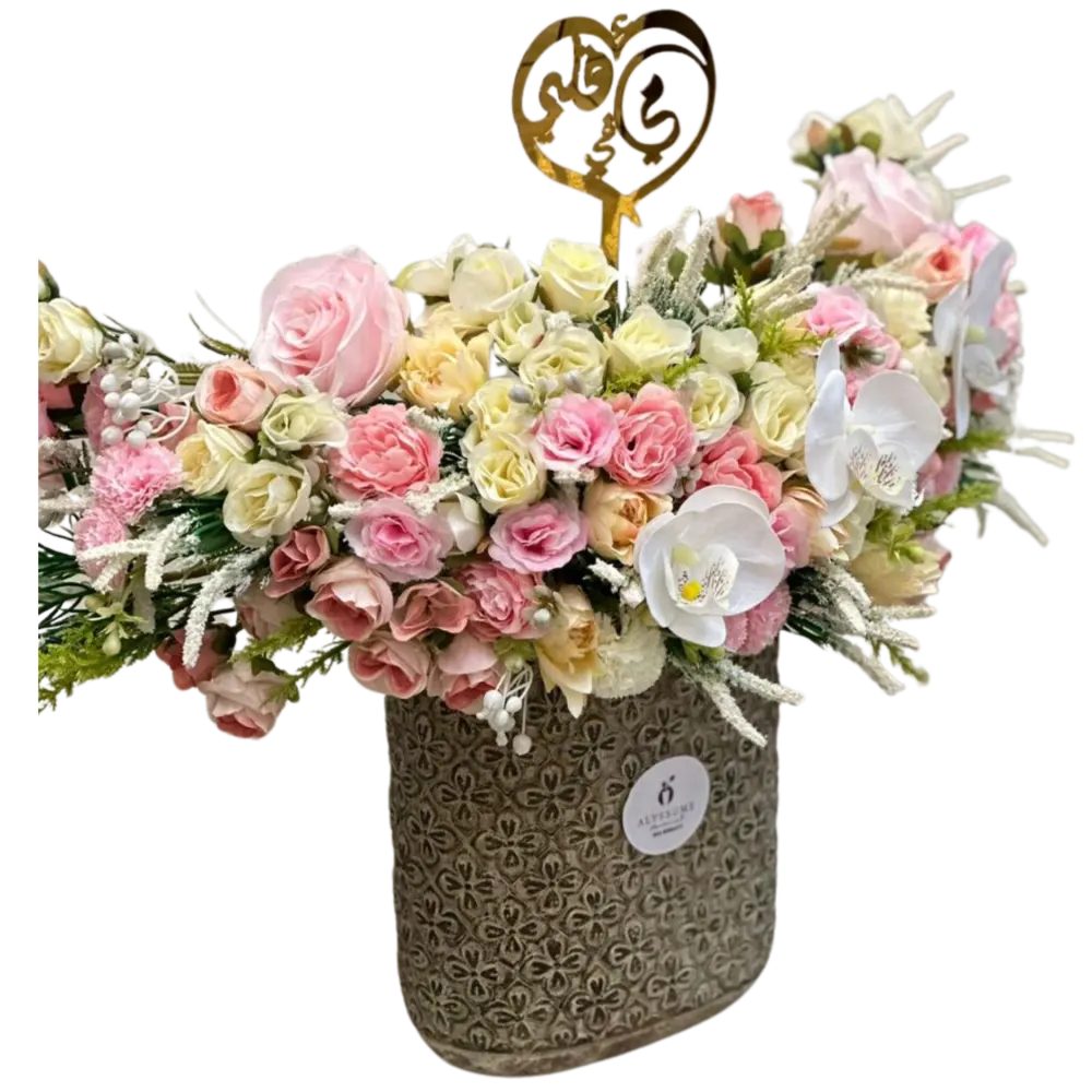 White and pink rose basket