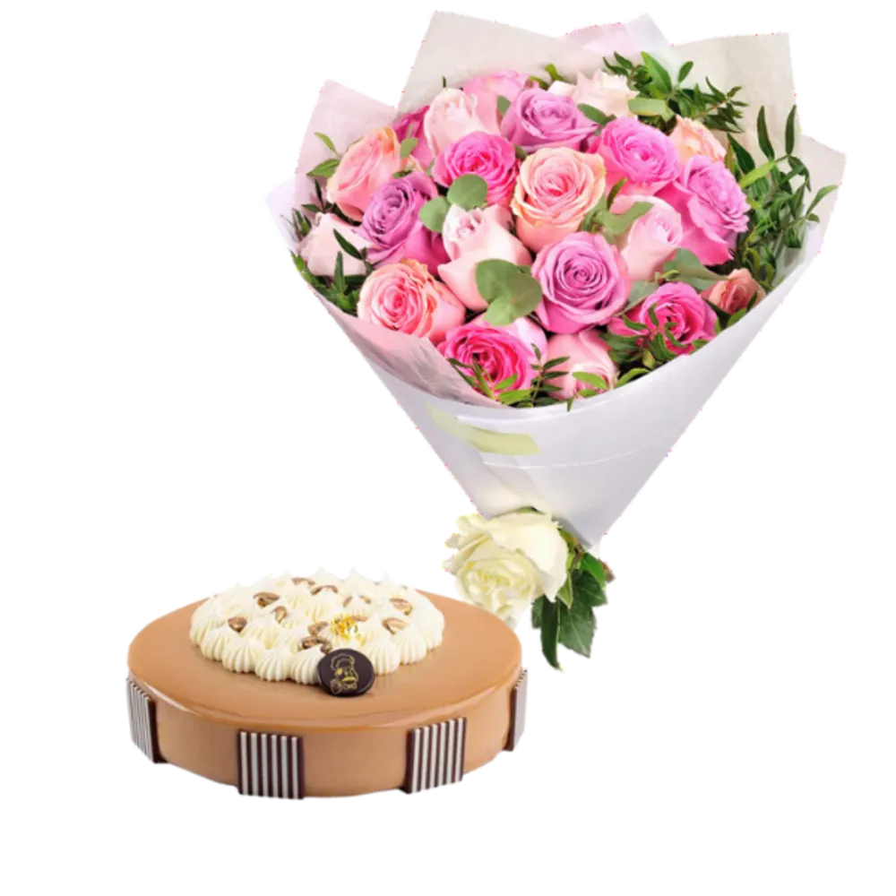 Pink Rose Bouquet with White Wrap and Cake