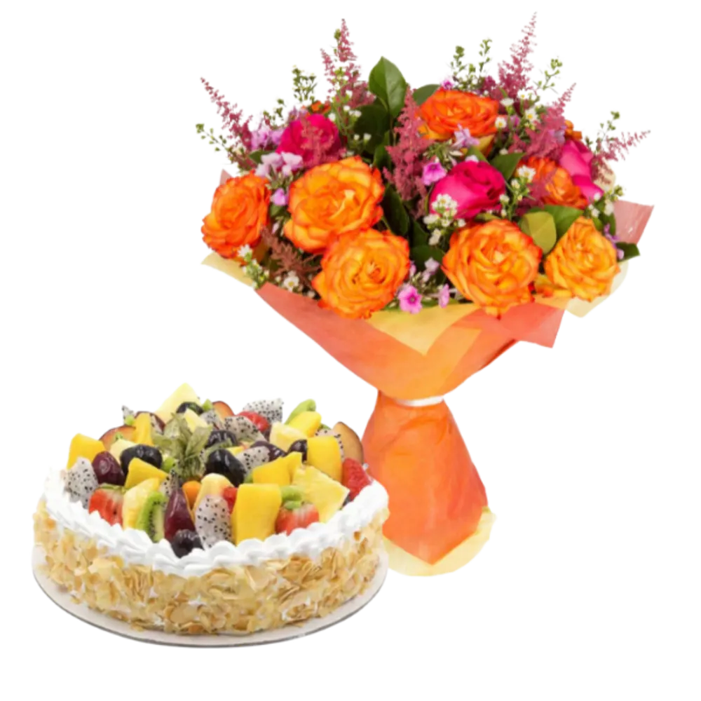 Orange and Pink Rose Bouquet and Cake