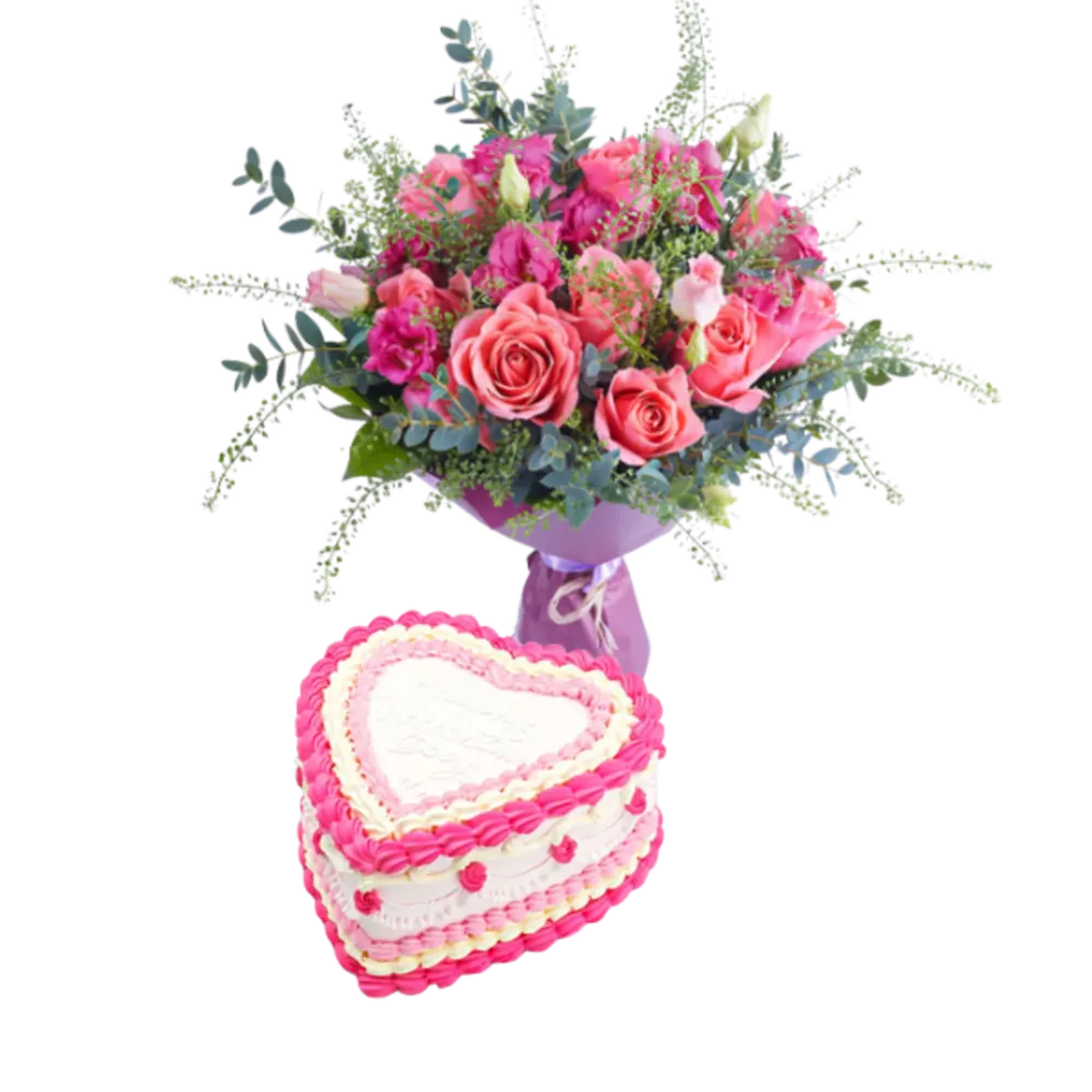 Pink Rose Bouquet with Purple Wrap and Cake