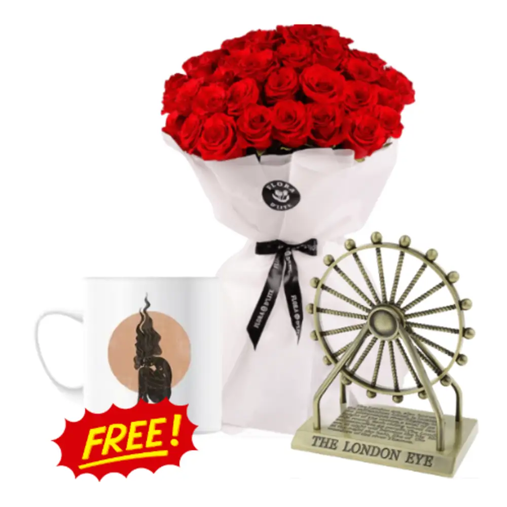 Bouquet roses with souvenirs with free mug