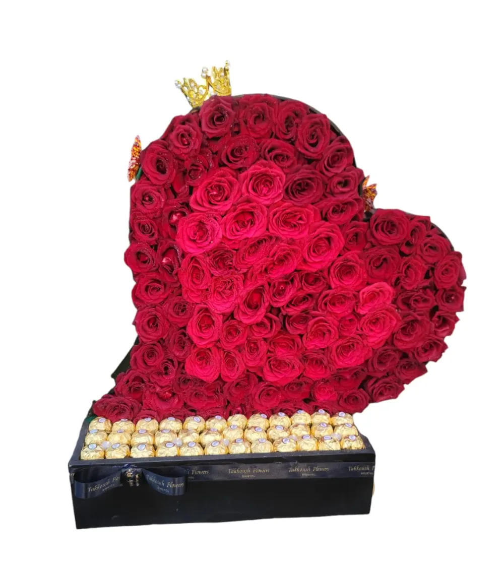 Red rose heart, number 100, with chocolate