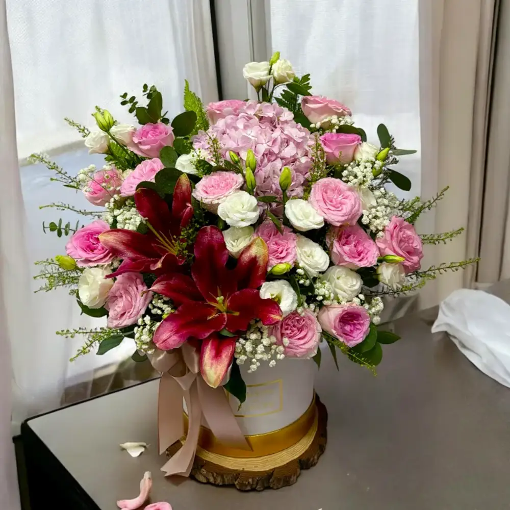 BA042 Lilies, Roses & Hydrangea Box Arrangement