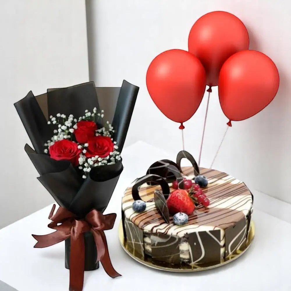 Romantic Cake Flower Combo with 3 Red Roses, Marble Cake Balloons