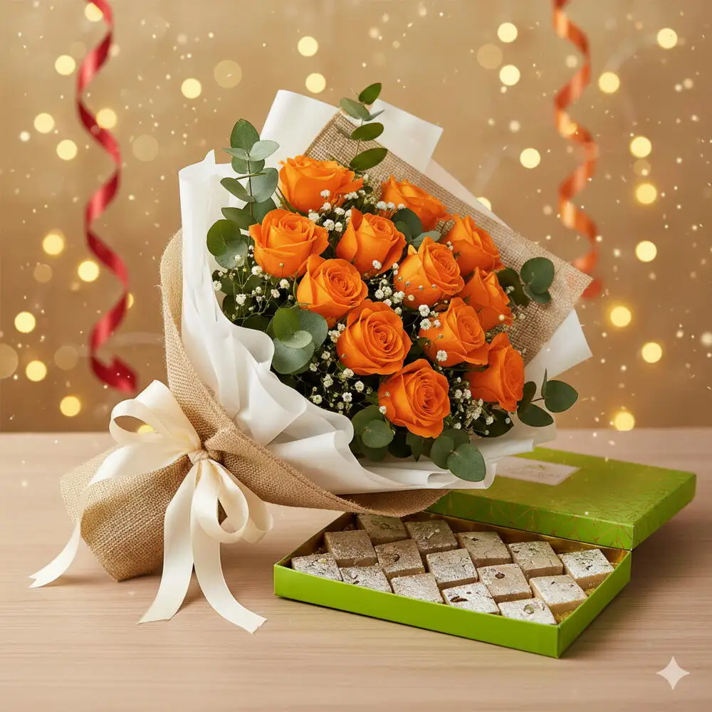 Share Joy This Diwali | Elegant Roses with Authentic Indian Sweets – Perfect for Loved Ones