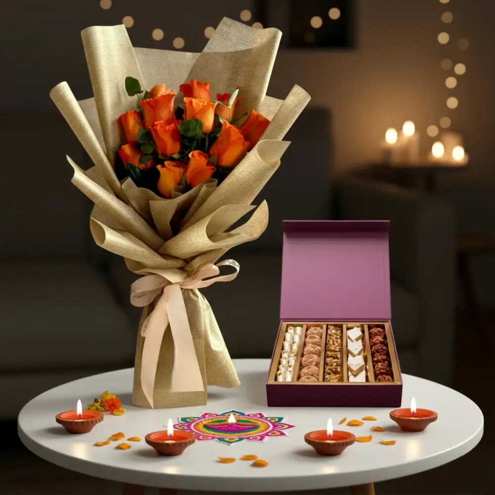12 Orange Roses and Gangour Dry Fruits | Diwali Special