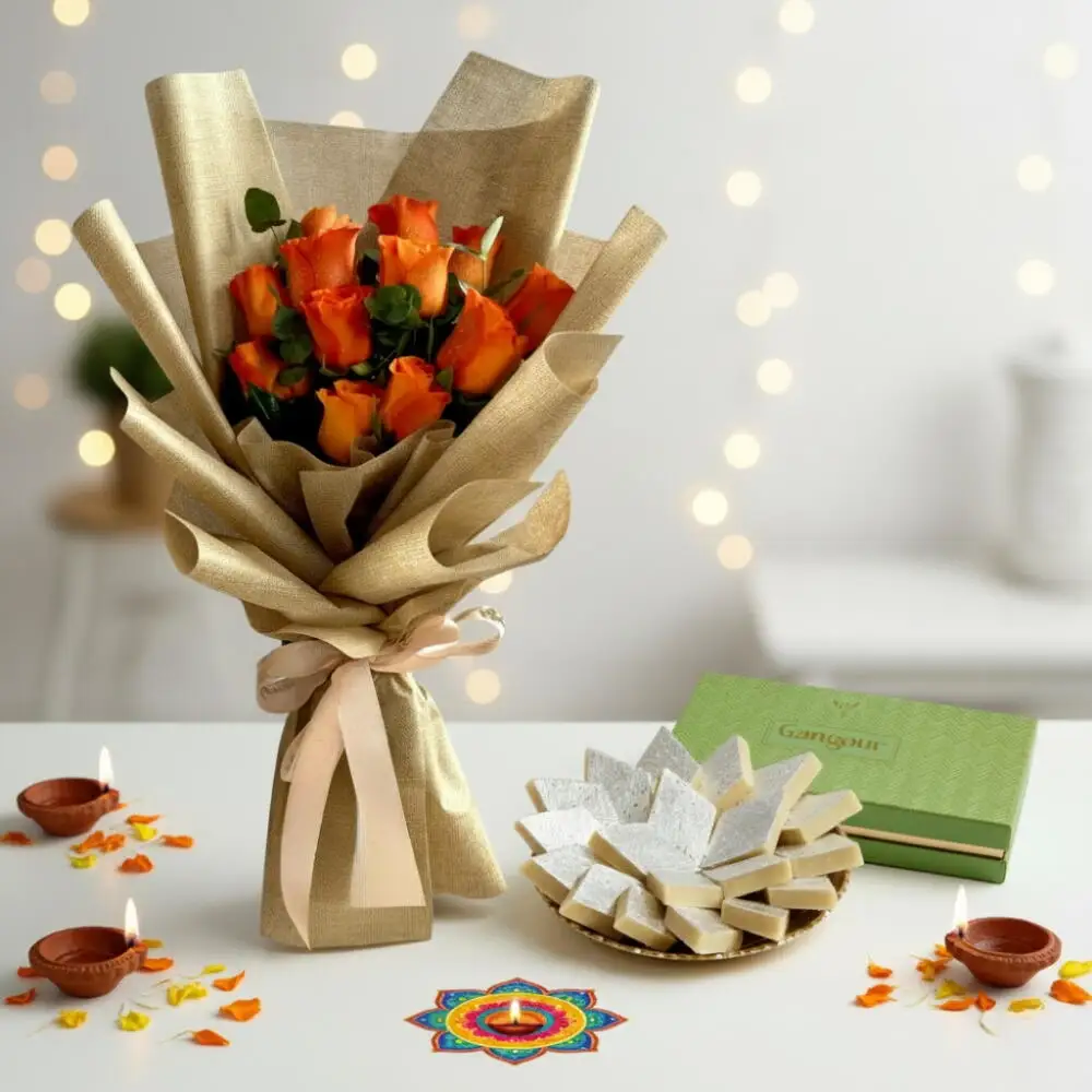 12 Orange Roses and Gangour Kaju Katli Barfi | Diwali Special