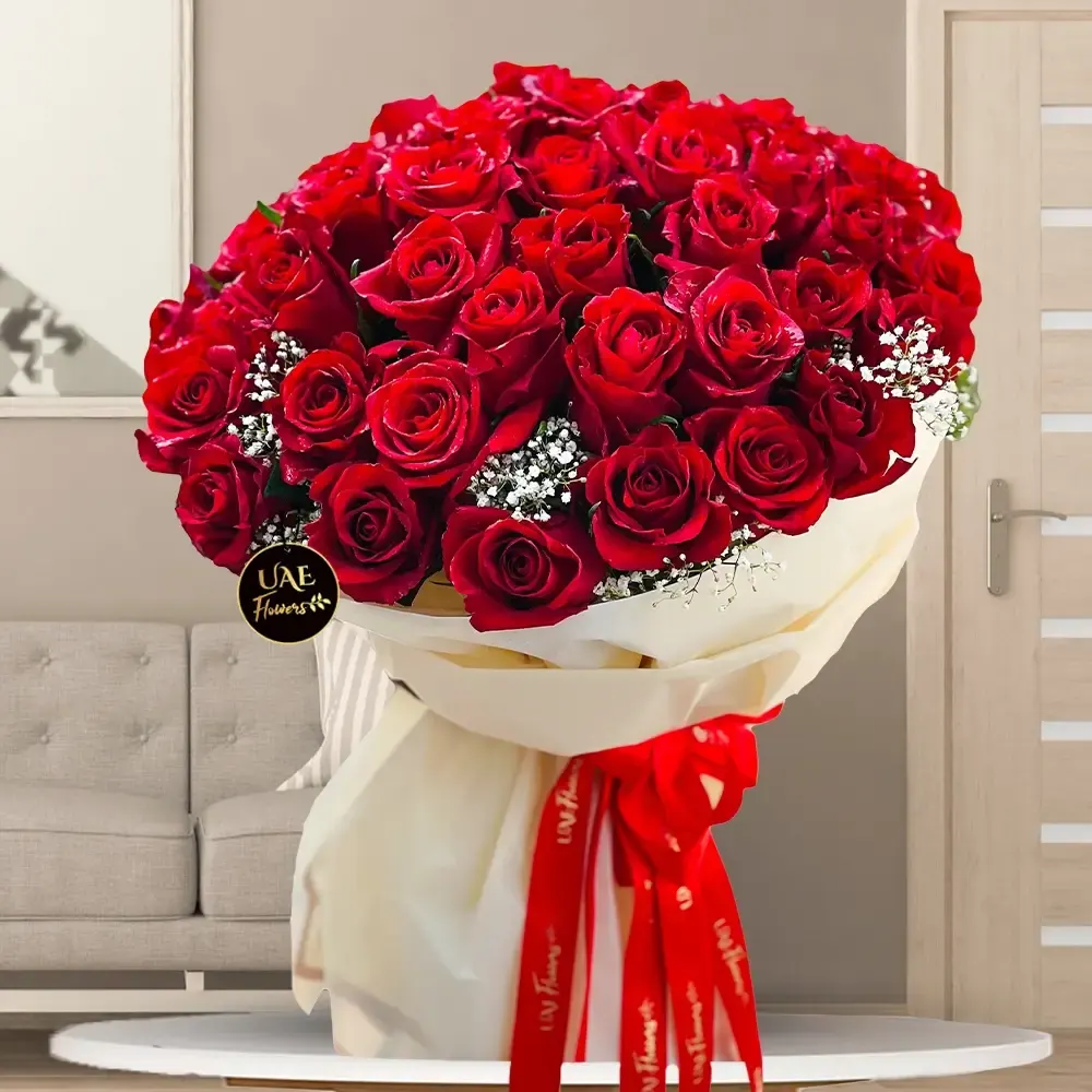 Red bouquet with paper wrapping