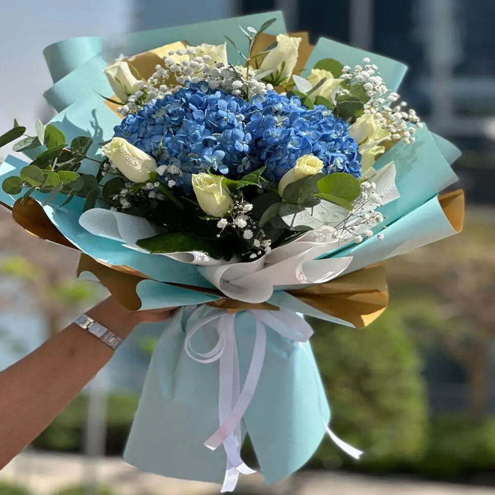 Blue hydrangea hand bouquet