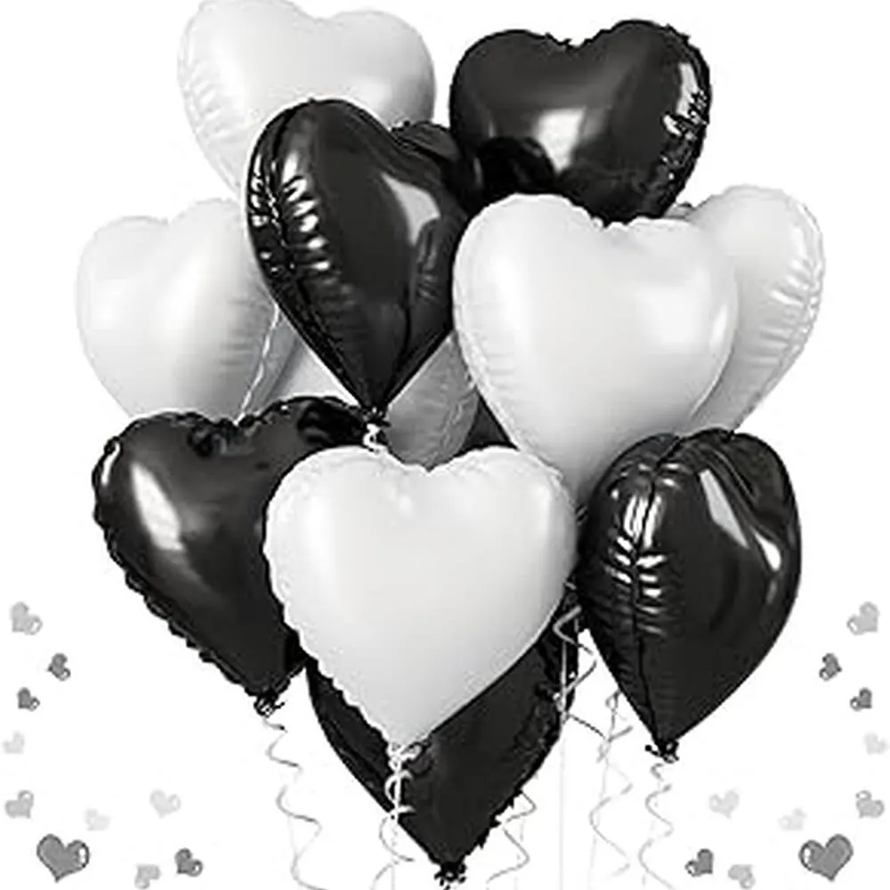 9 Black and White Heart Shaped Helium Foil Balloon Set 6226