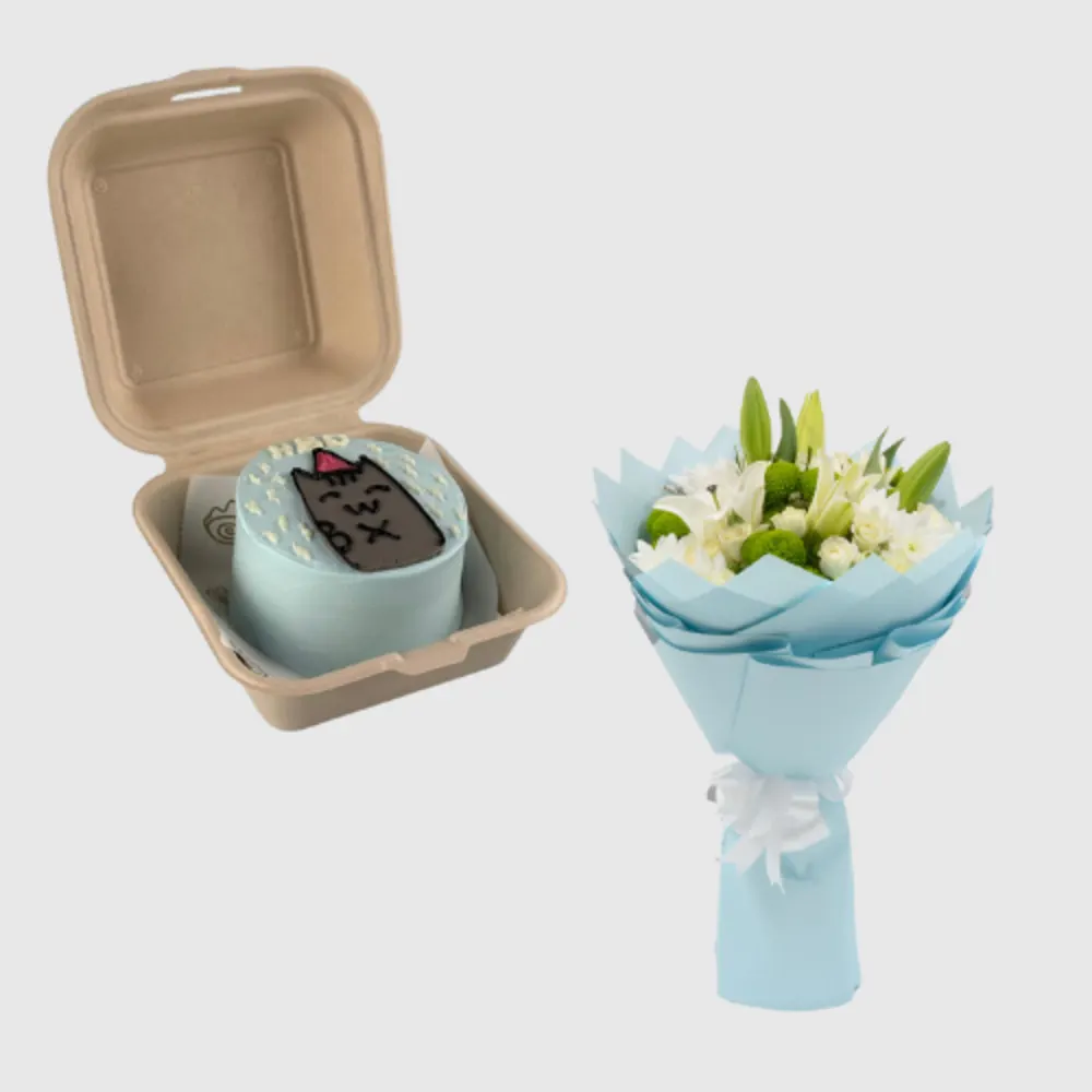 Kitty Kiss – Vanilla Bento Cake with flowers bouquet