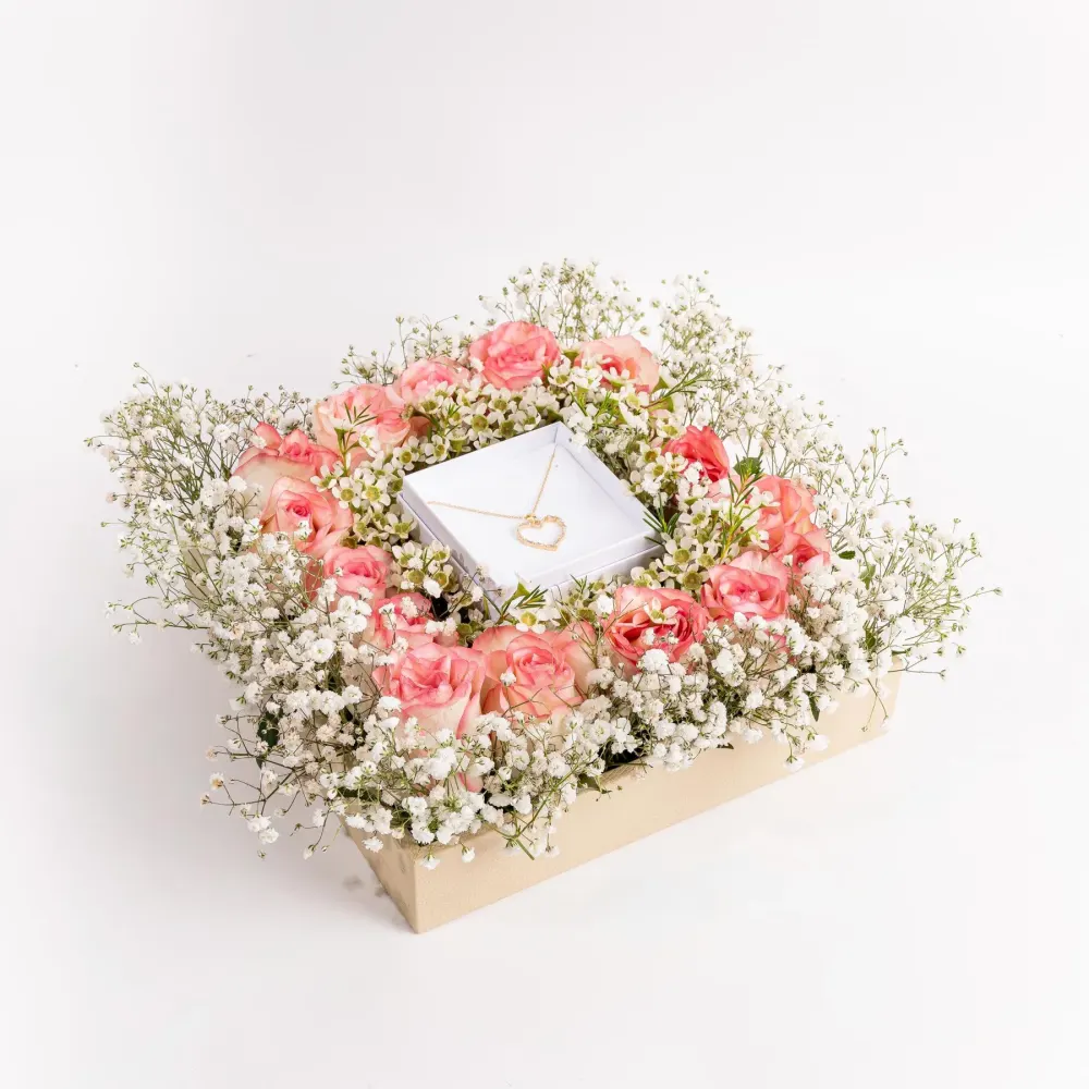 Floral Elegance with Heart Necklace Gift Arrangement