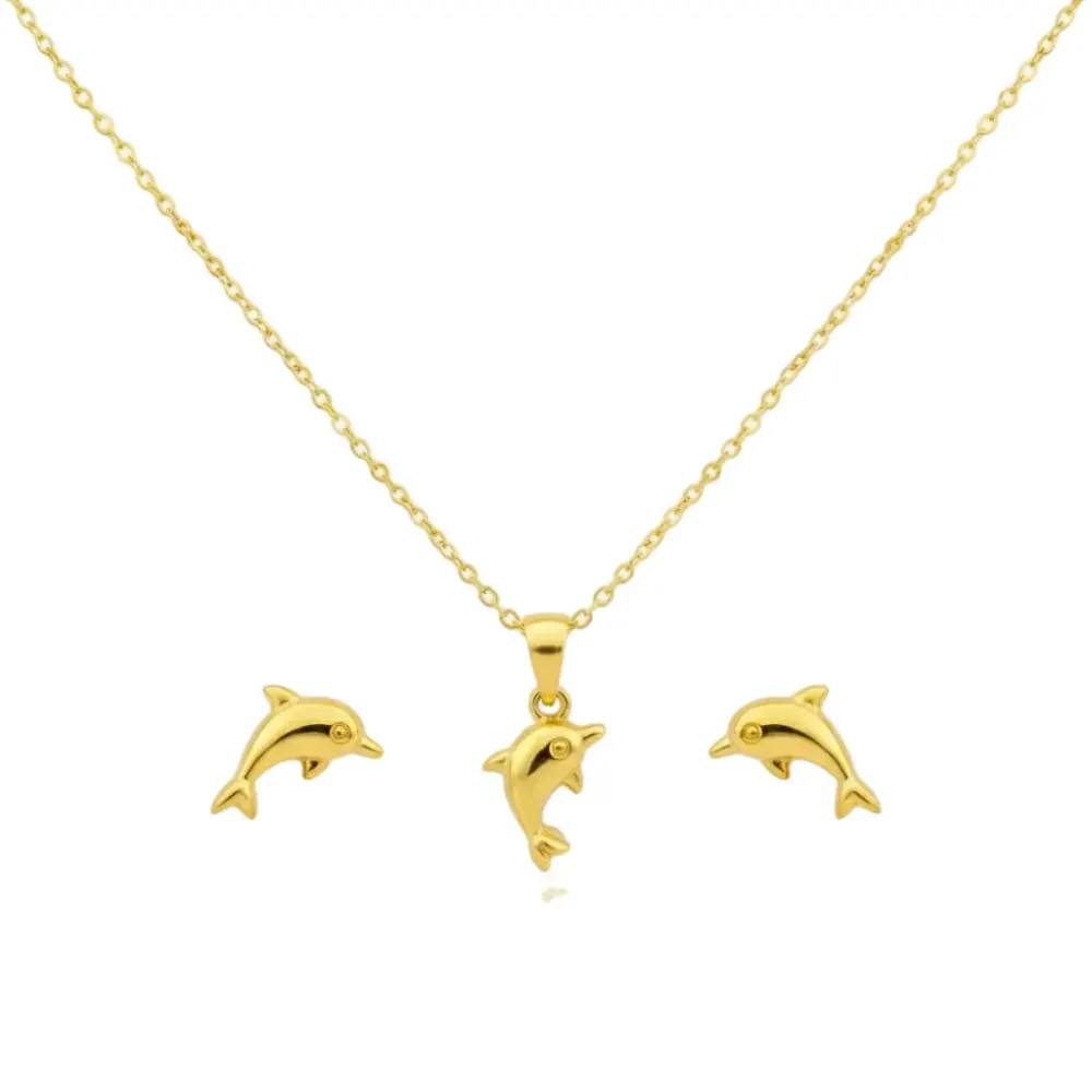 18K Real Gold Dolphine Necklace And Earring Set