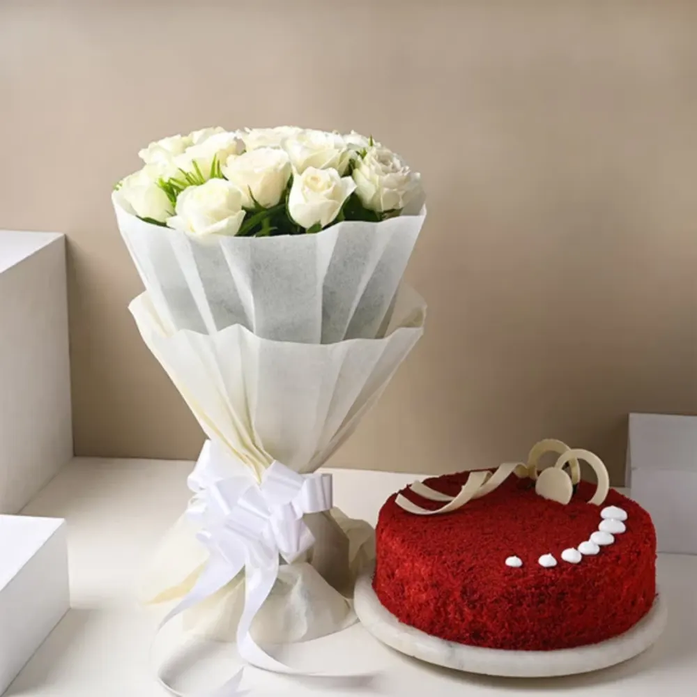 Classy Red Velvet Cake ComboBirthday Gift, Birthday Surprise Gift, Flowers and Cake Gift, هدية عيد ميلاد, مفاجأة عيد ميلاد, هدية ورد وكيك
