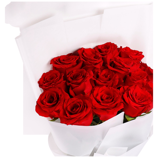 A bouquet of red roses with a white wrapper view 4